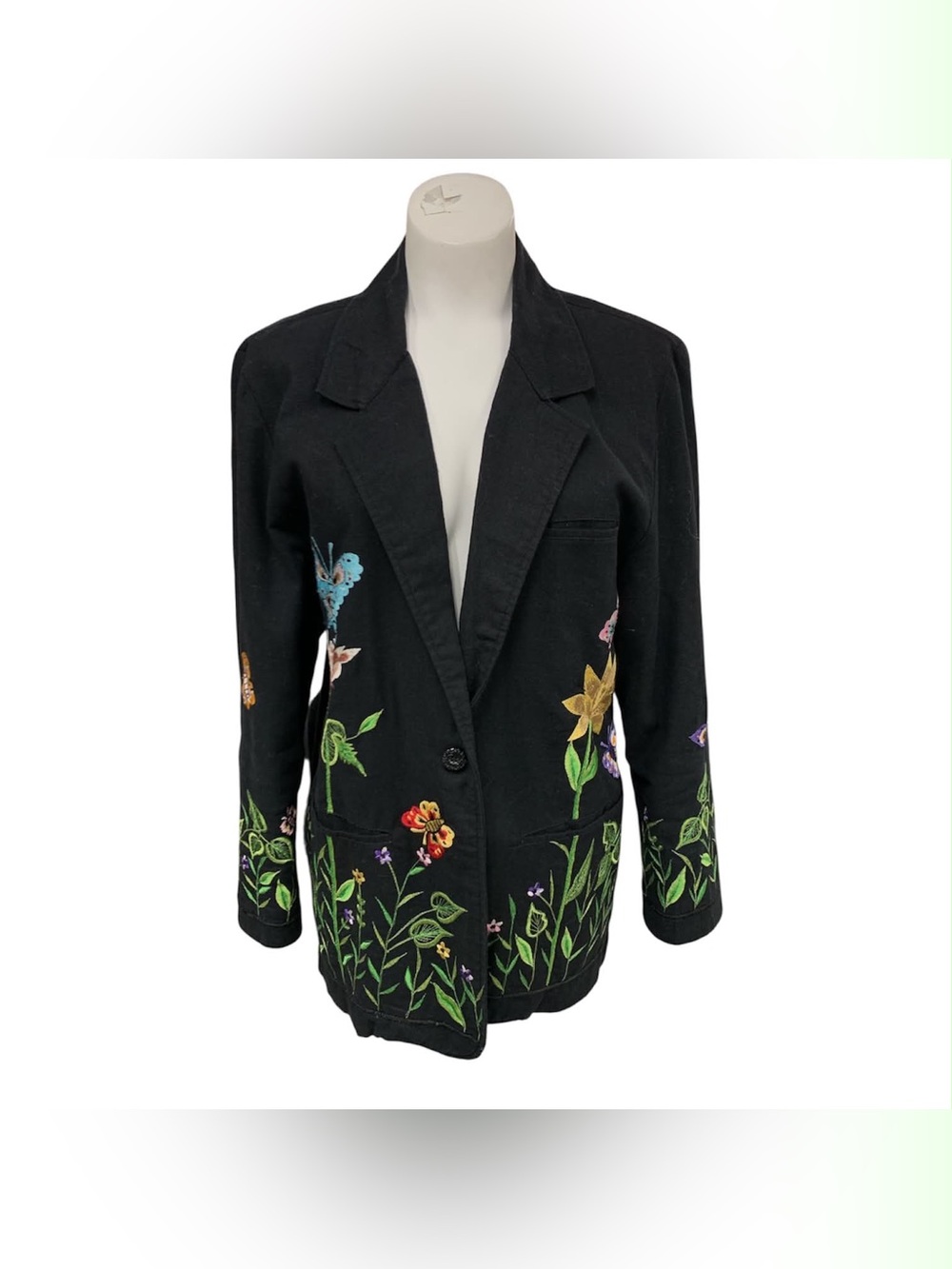 Anage Black Floral Embroidered Single-Button Blazer Size XS